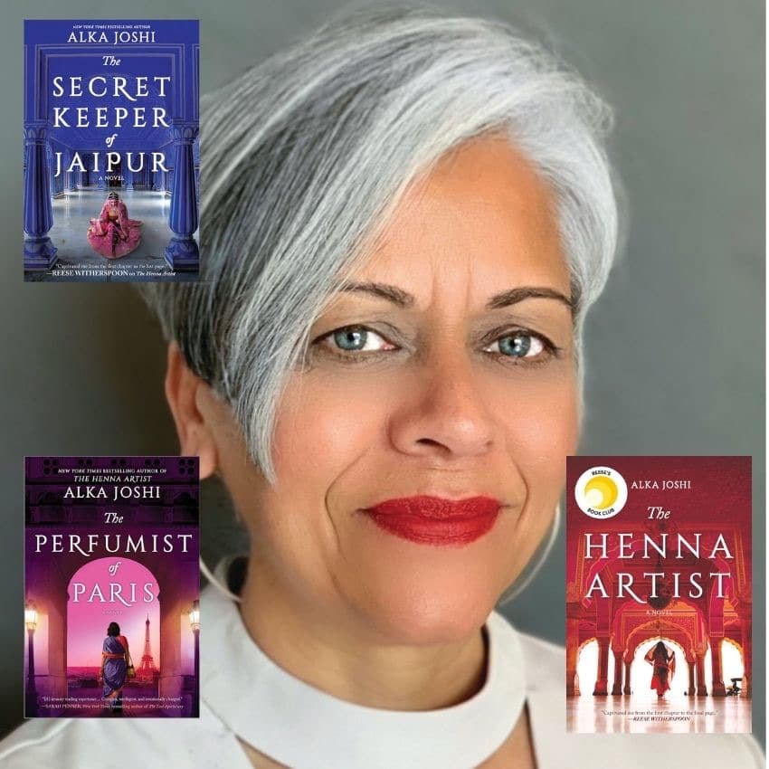 Author Alka Joshi with her books The Secret Keeper of Jaipur, The Perfumist of Paris and The Henna Artist