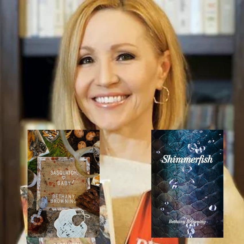 Author Bethany Browning with her books Sasquatch, Baby and Shimmerfish