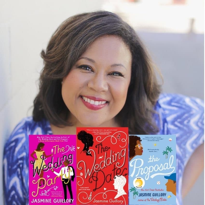 Author Jasmine Guillory with her books, The Wedding Party, The Wedding Date and The Proposal