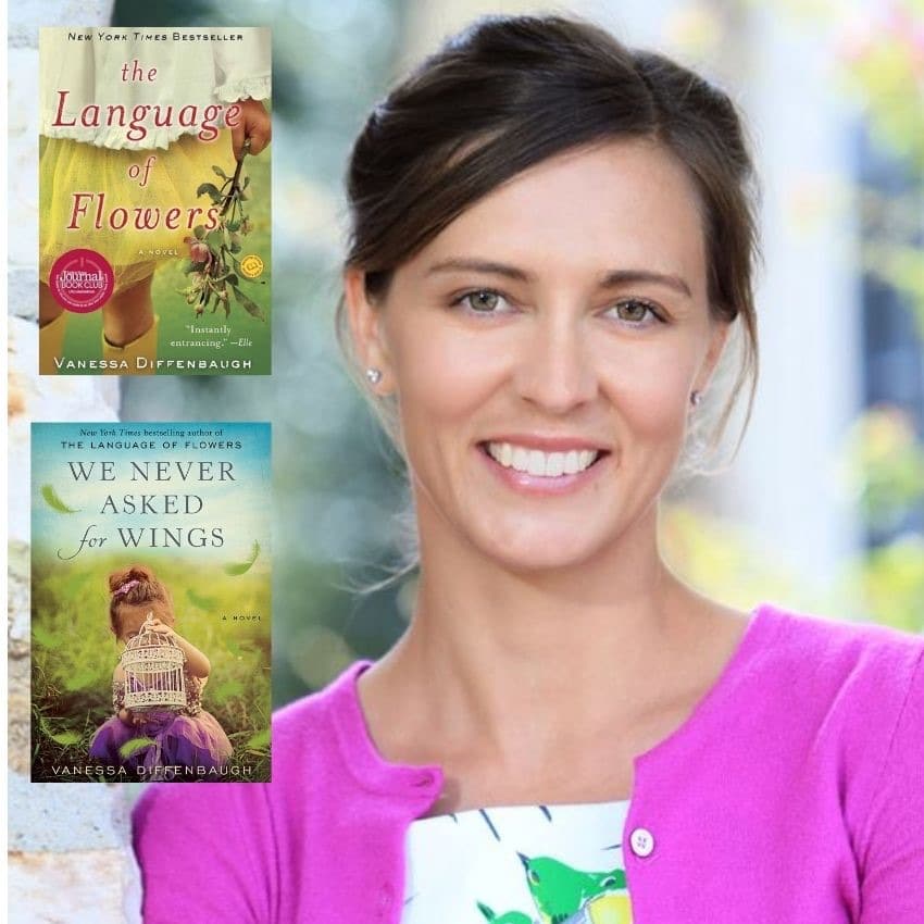 Author Vanessa Diffenbaugh with her books, The Language of Flowers and We Never Asked for Wings